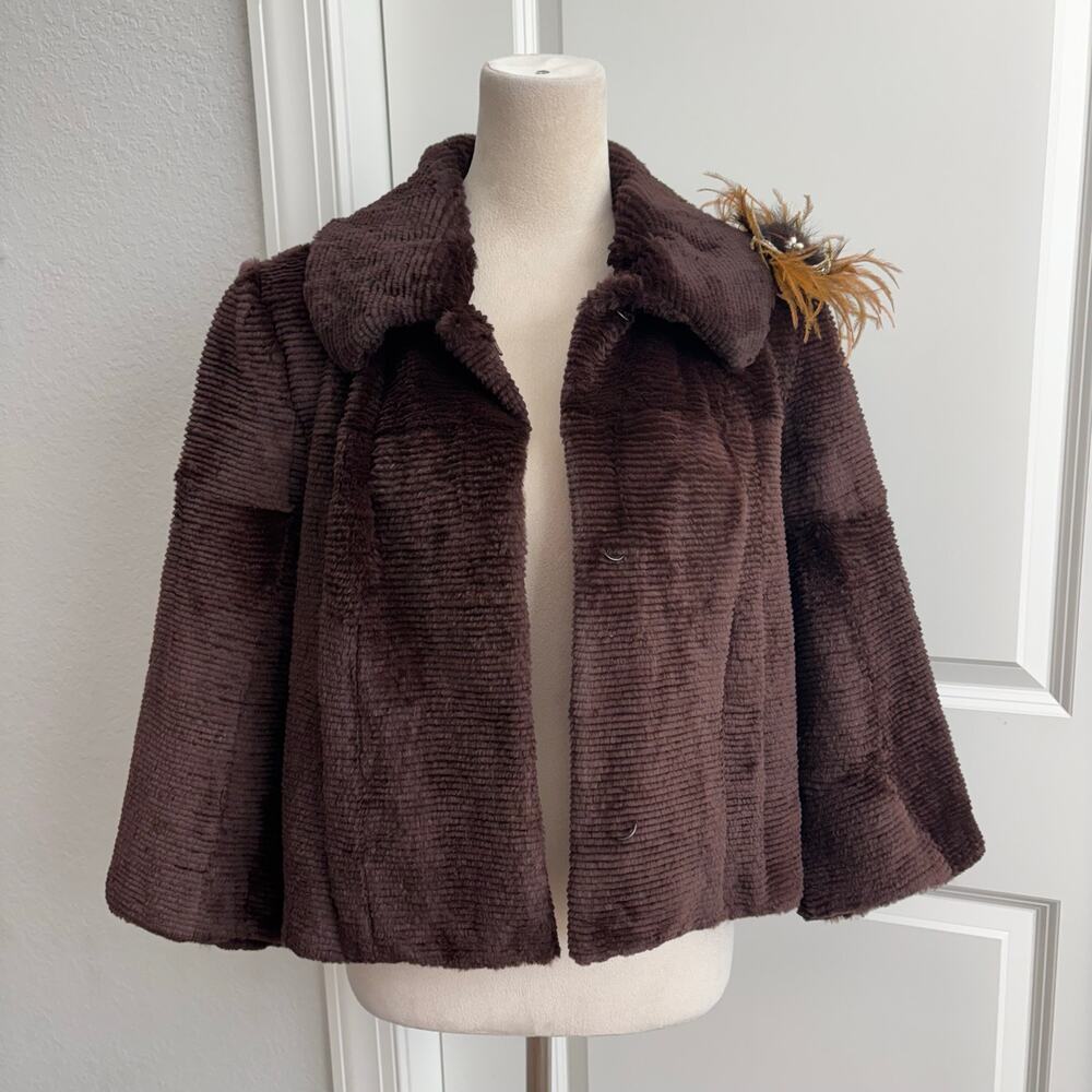 SPI 25 Sandy Pino Rabbit Fur Jacket Brown Ribbed Cropped Coat Brooch Large - Picture 7 of 13